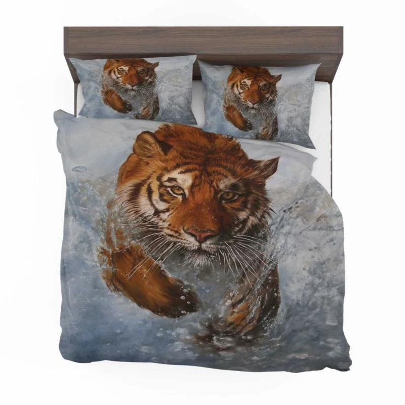 Artistic Tiger Running Amidst Water Striking Vision Bedding Set 1