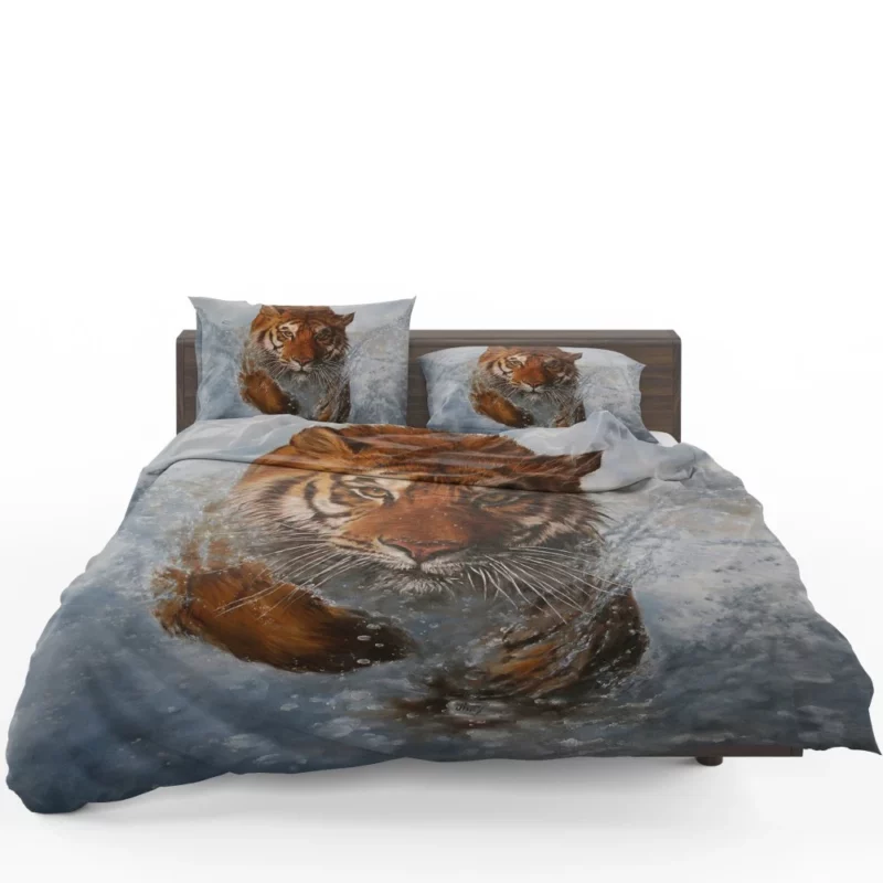 Artistic Tiger Running Amidst Water Striking Vision Bedding Set