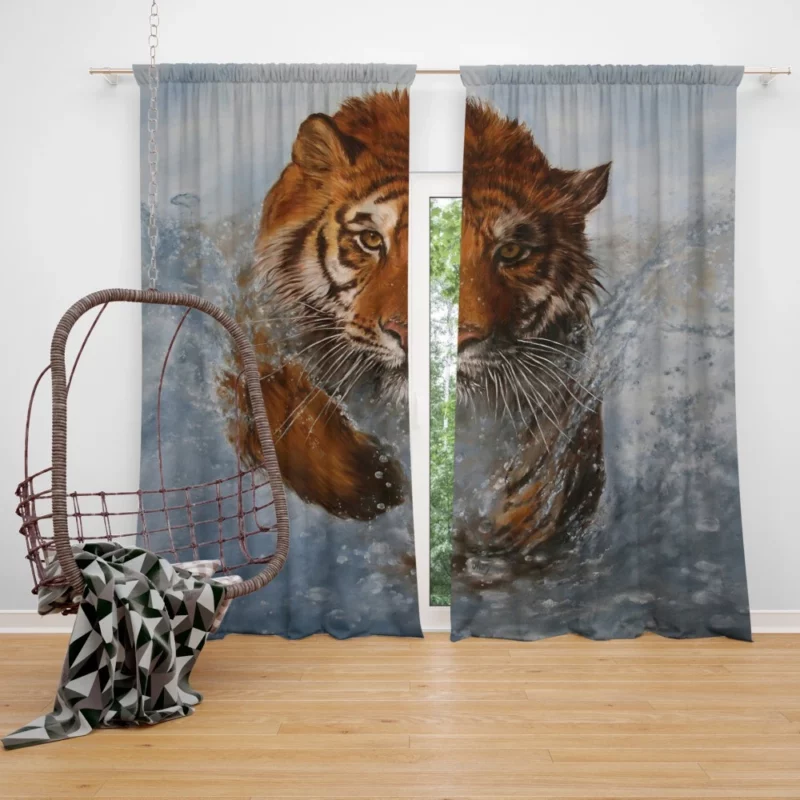 Artistic Tiger Running Amidst Water Striking Vision Curtain