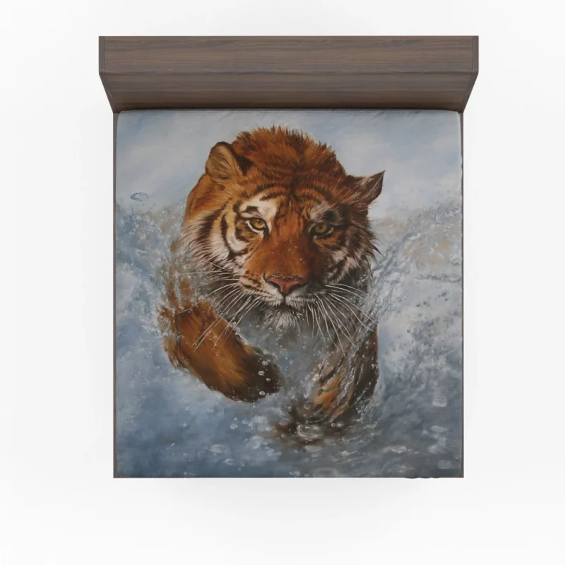 Artistic Tiger Running Amidst Water Striking Vision Fitted Sheet 1