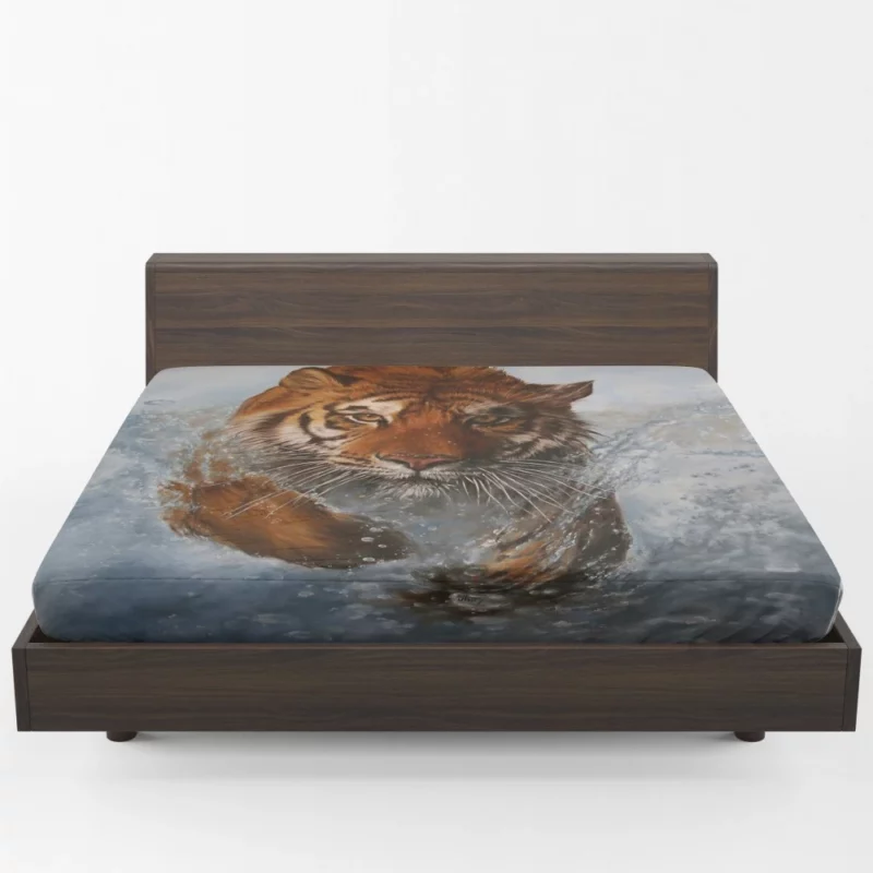 Artistic Tiger Running Amidst Water Striking Vision Fitted Sheet