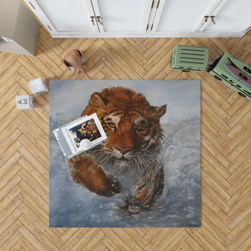 Artistic Tiger Running Amidst Water Striking Vision Rug