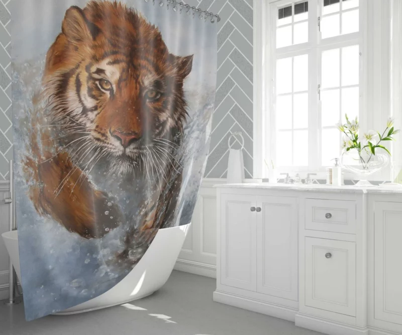 Artistic Tiger Running Amidst Water Striking Vision Shower Curtain 1