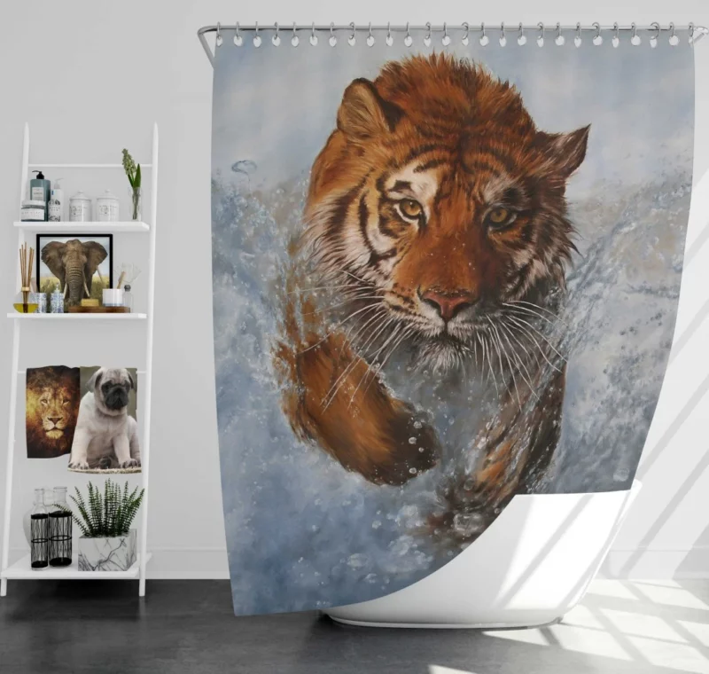 Artistic Tiger Running Amidst Water Striking Vision Shower Curtain