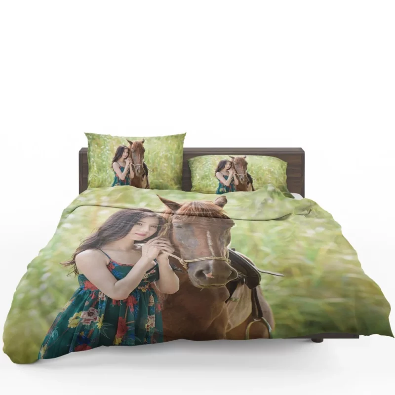 Asian Woman with Horse Graceful Harmony Bedding Set