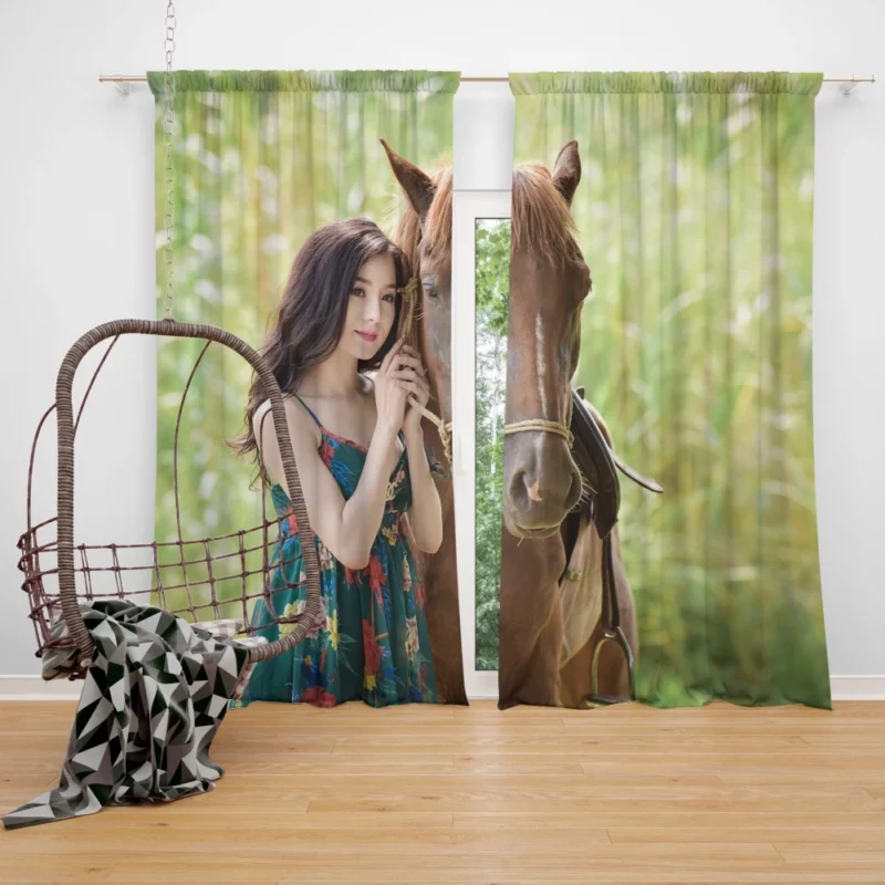 Asian Woman with Horse Graceful Harmony Curtain