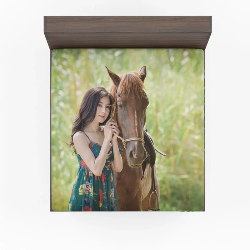 Asian Woman with Horse Graceful Harmony Fitted Sheet 1