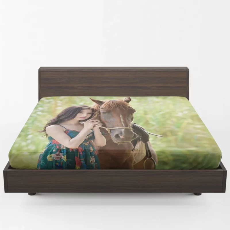 Asian Woman with Horse Graceful Harmony Fitted Sheet