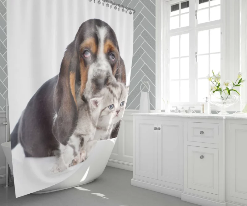 Basset Hound & Kitten Furry Friendship Shower Curtain 1