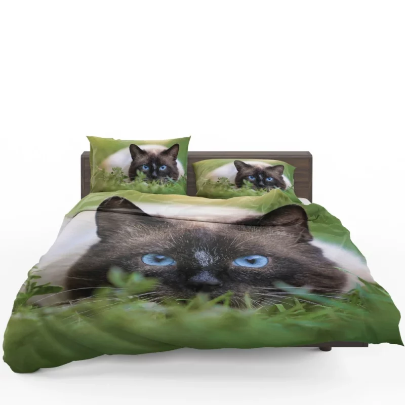 Blue-Eyed Cat Amidst Grass Nature Gaze Bedding Set