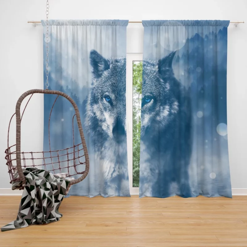 Blue-Eyed Wolf Enigmatic Stare Ethereal Charm Curtain