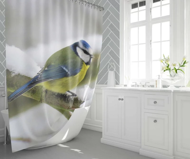 Blue Tit Snowy Perch Artful Bird Shower Curtain 1