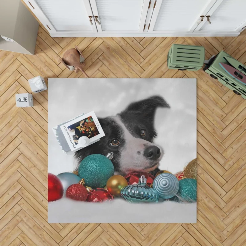 Border Collie Amidst Christmas Baubles Rug