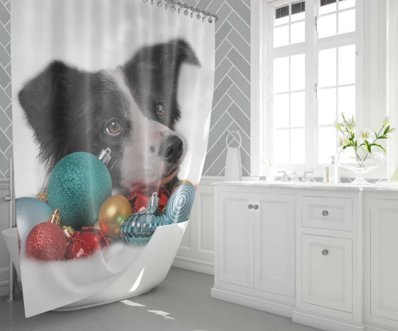 Border Collie Amidst Christmas Baubles Shower Curtain 1