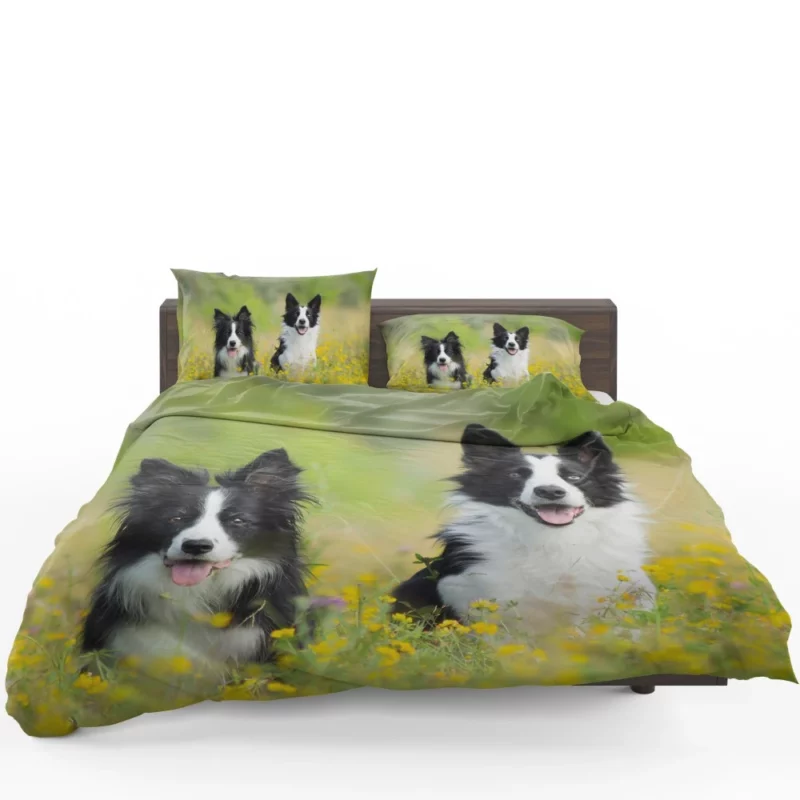 Border Collie Amidst Yellow Bloom Bedding Set