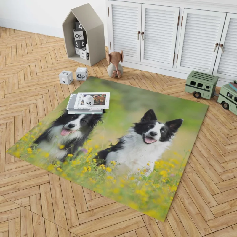 Border Collie Amidst Yellow Bloom Rug 1