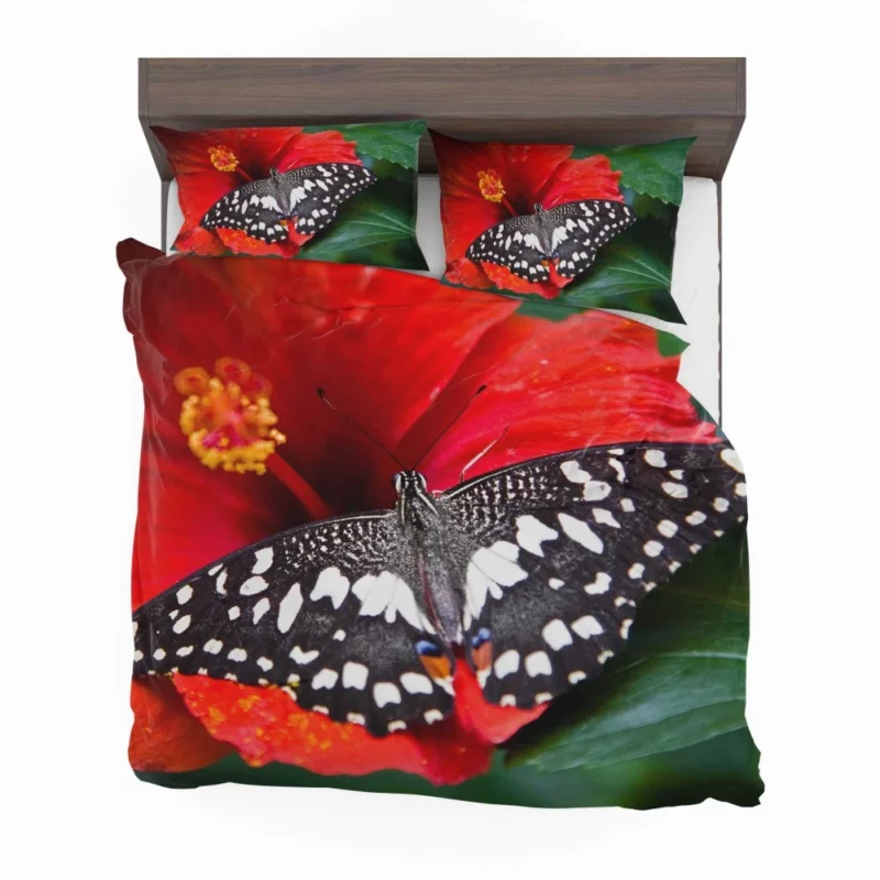 Bright Red Hibiscus Bloom Butterfly Haven Bedding Set 1