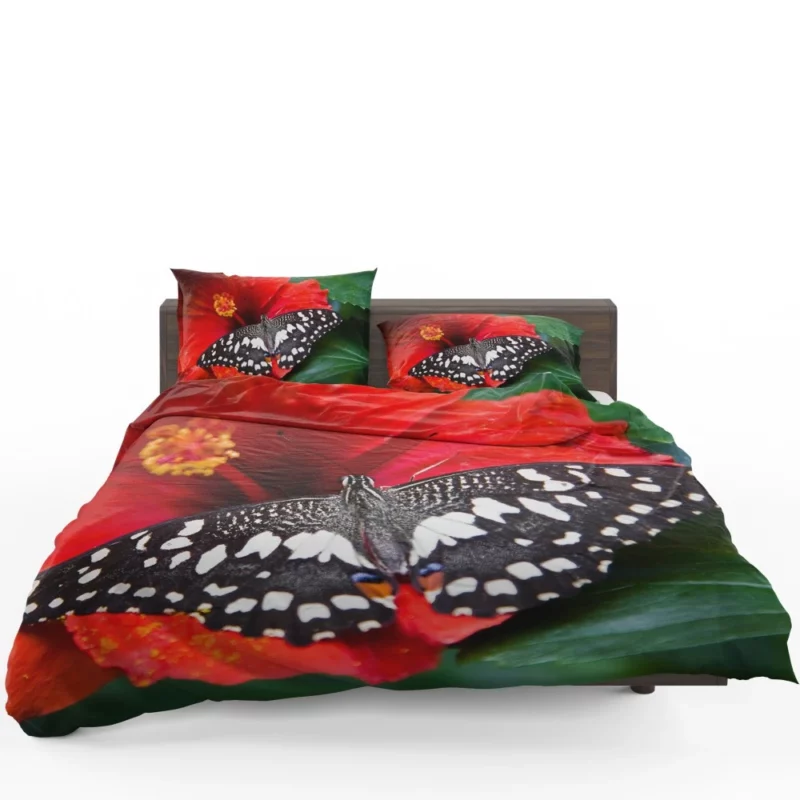 Bright Red Hibiscus Bloom Butterfly Haven Bedding Set