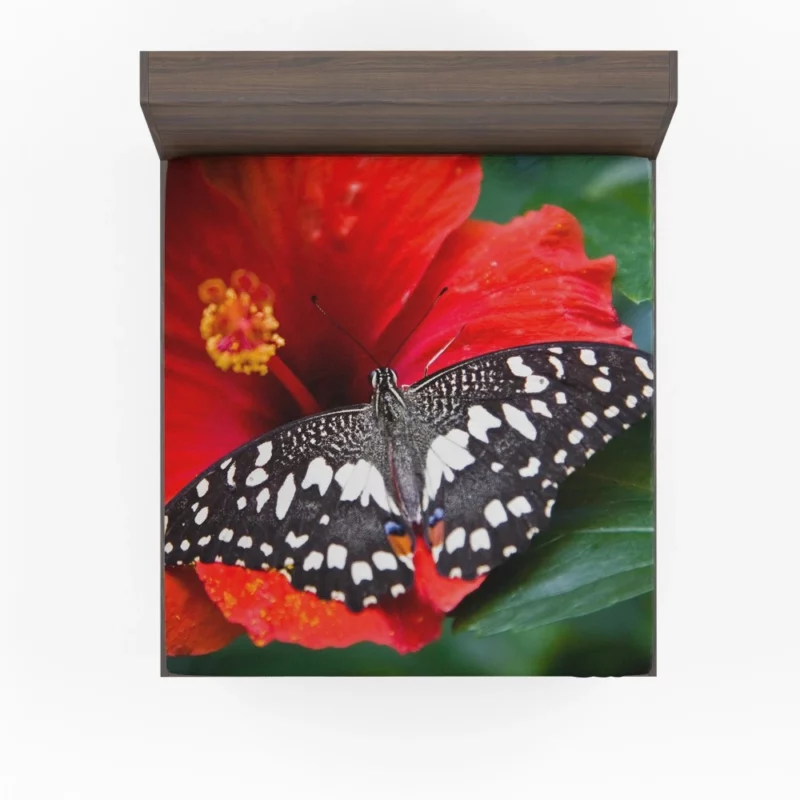 Bright Red Hibiscus Bloom Butterfly Haven Fitted Sheet 1