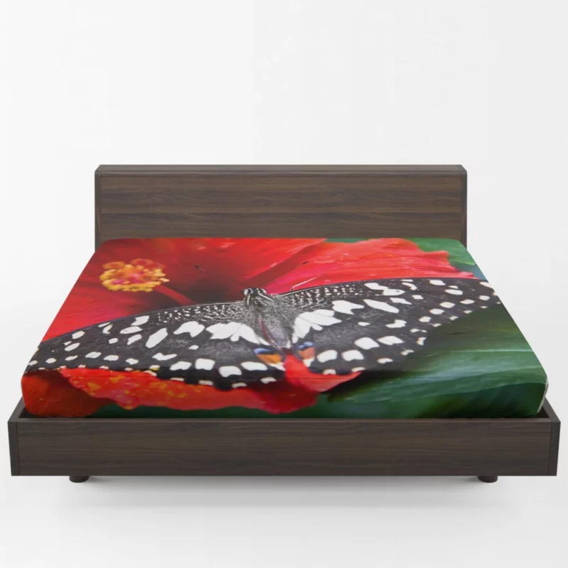 Bright Red Hibiscus Bloom Butterfly Haven Fitted Sheet