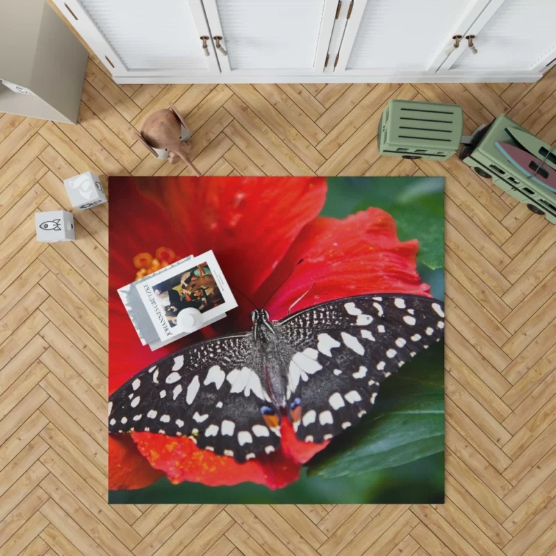 Bright Red Hibiscus Bloom Butterfly Haven Rug