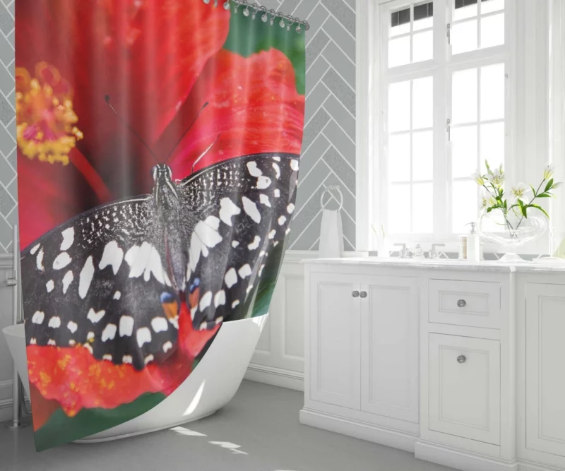 Bright Red Hibiscus Bloom Butterfly Haven Shower Curtain 1