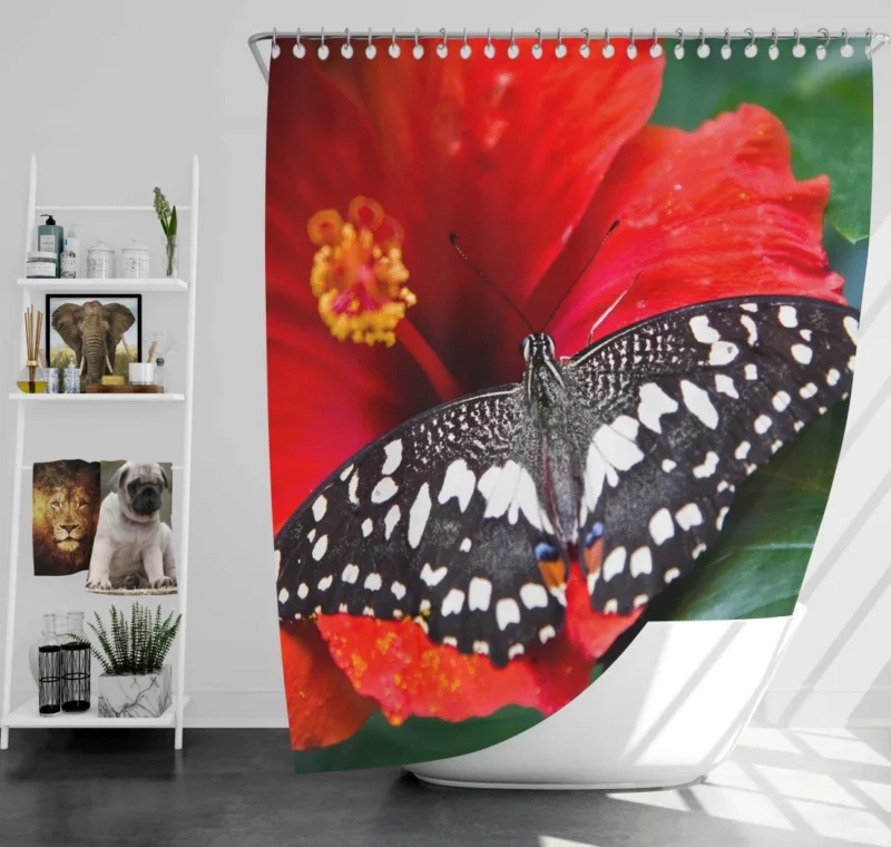 Bright Red Hibiscus Bloom Butterfly Haven Shower Curtain