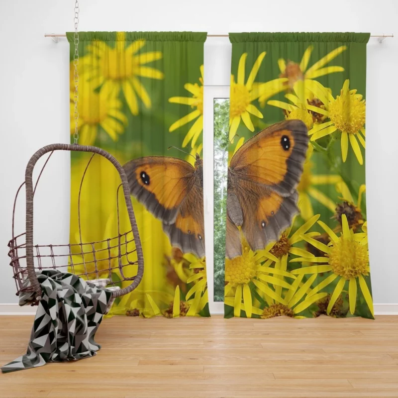 Butterfly Amidst Yellow Flowers Nature Symphony Curtain