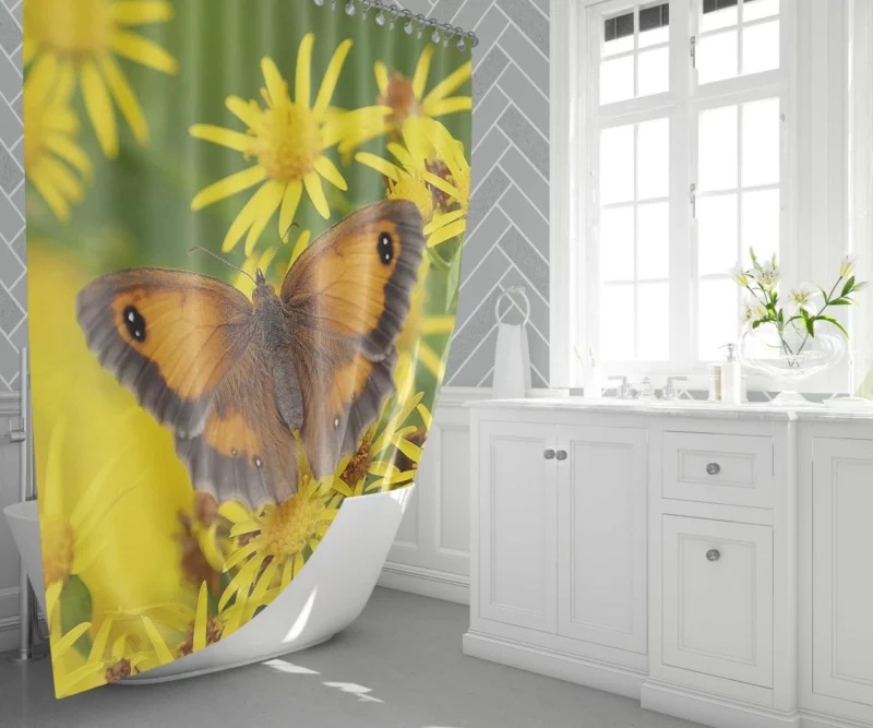 Butterfly Amidst Yellow Flowers Nature Symphony Shower Curtain 1