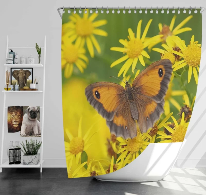 Butterfly Amidst Yellow Flowers Nature Symphony Shower Curtain