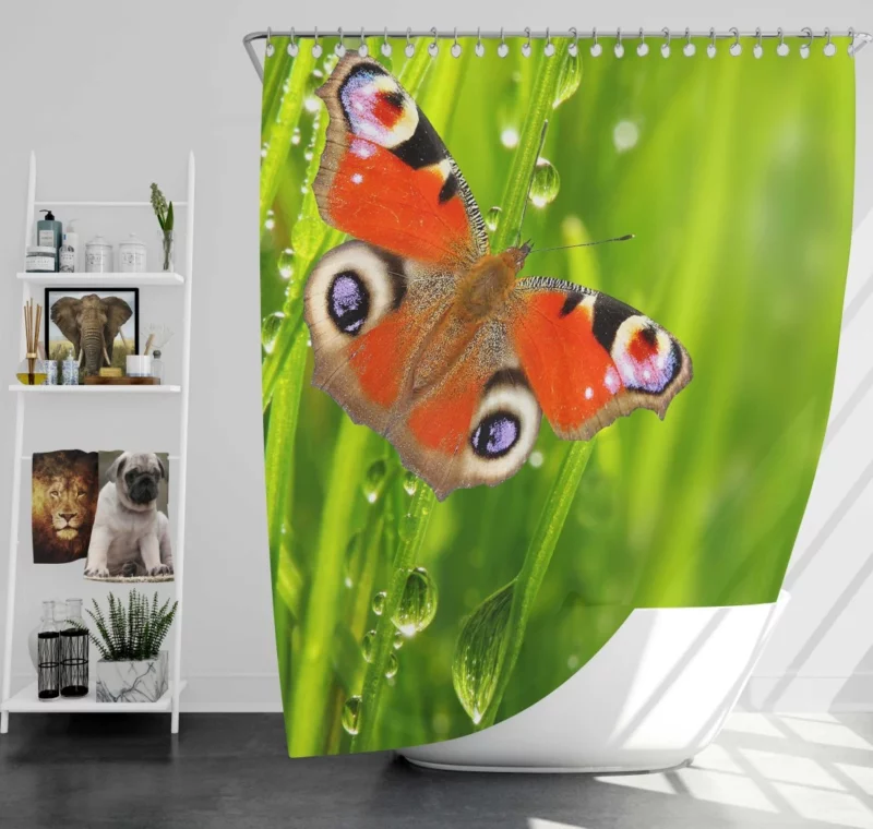 Butterfly Drops on Spring Green Leaves Shower Curtain