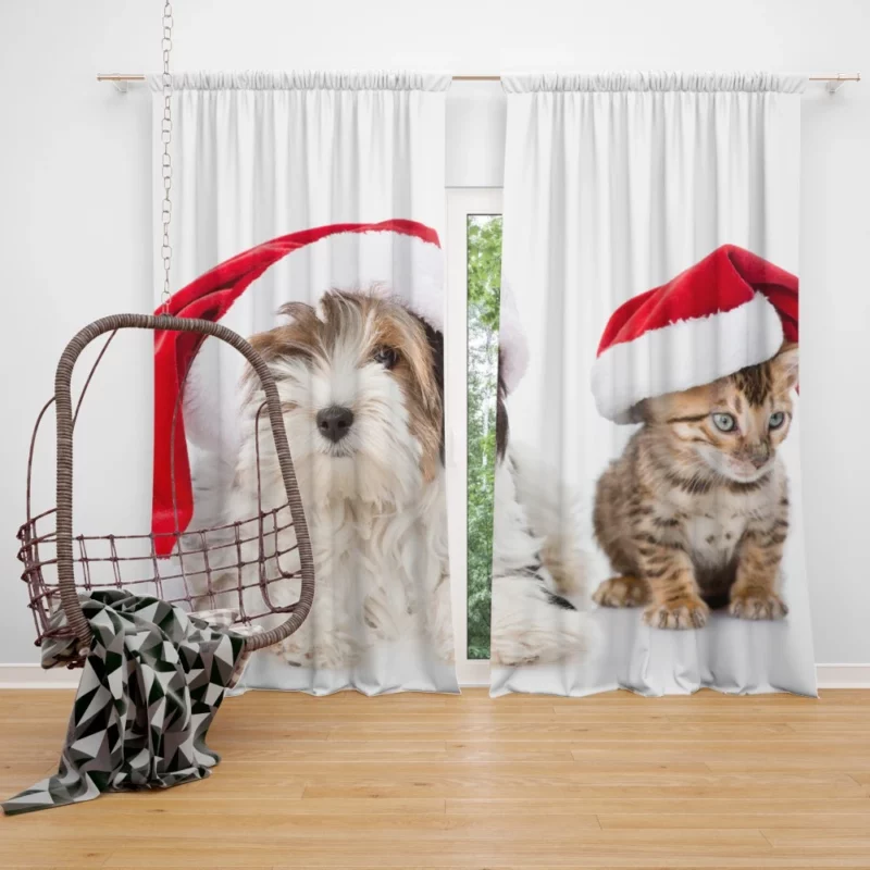 Cat & Dog Santa Playtime Festive Frolic Curtain