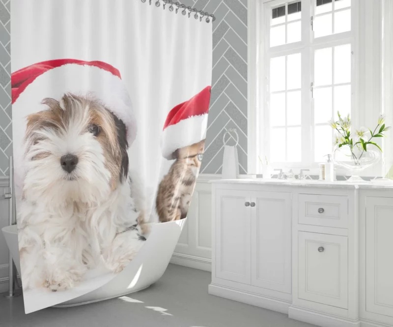 Cat & Dog Santa Playtime Festive Frolic Shower Curtain 1