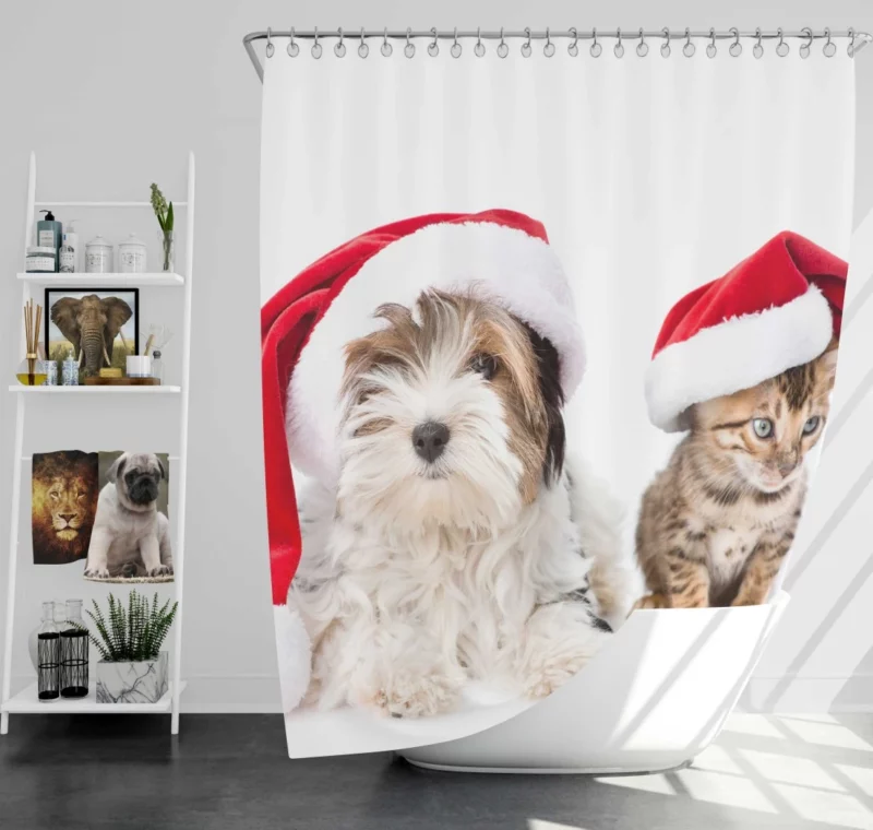 Cat & Dog Santa Playtime Festive Frolic Shower Curtain