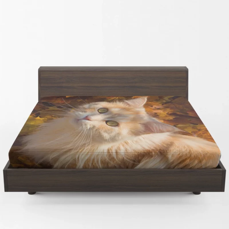 Cat Gaze Amidst Falling Leaves Feline Serenity Fitted Sheet