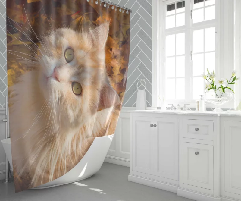 Cat Gaze Amidst Falling Leaves Feline Serenity Shower Curtain 1