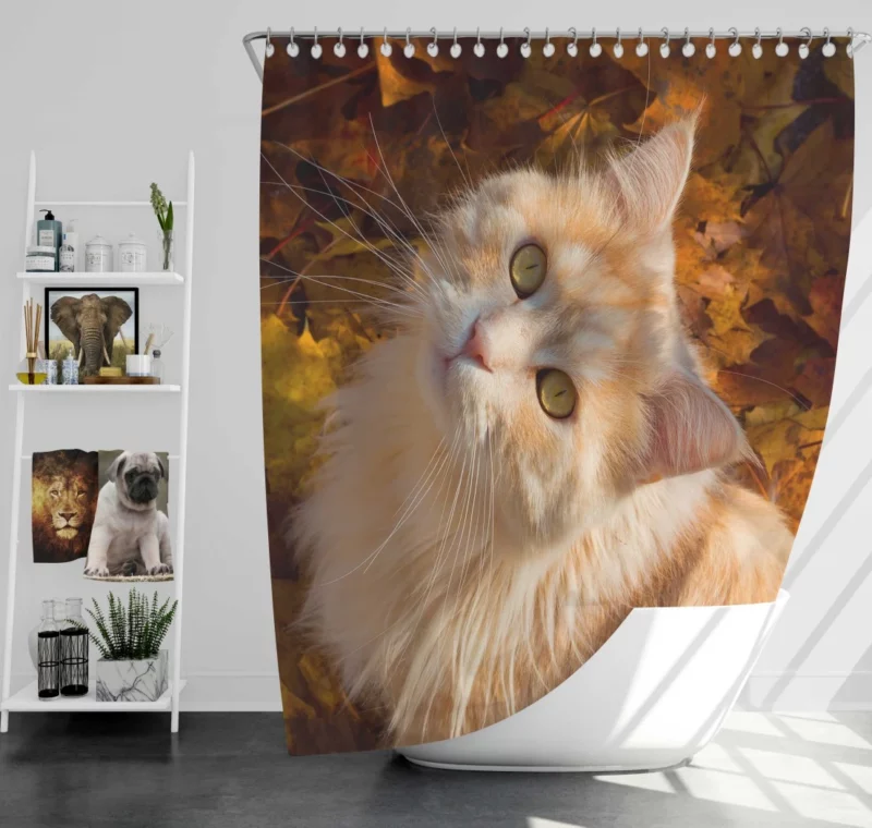 Cat Gaze Amidst Falling Leaves Feline Serenity Shower Curtain