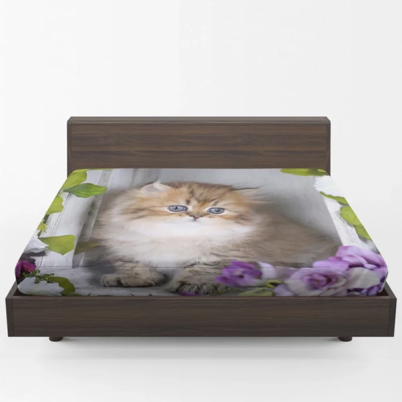 Cat Playful Gaze Amidst Flowers Fitted Sheet