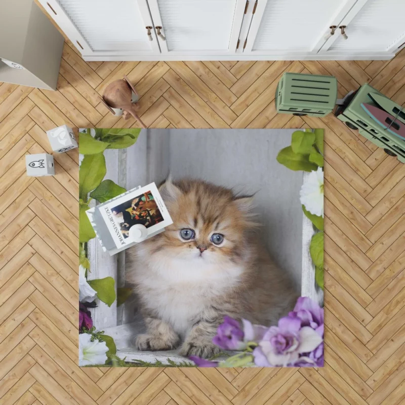 Cat Playful Gaze Amidst Flowers Rug