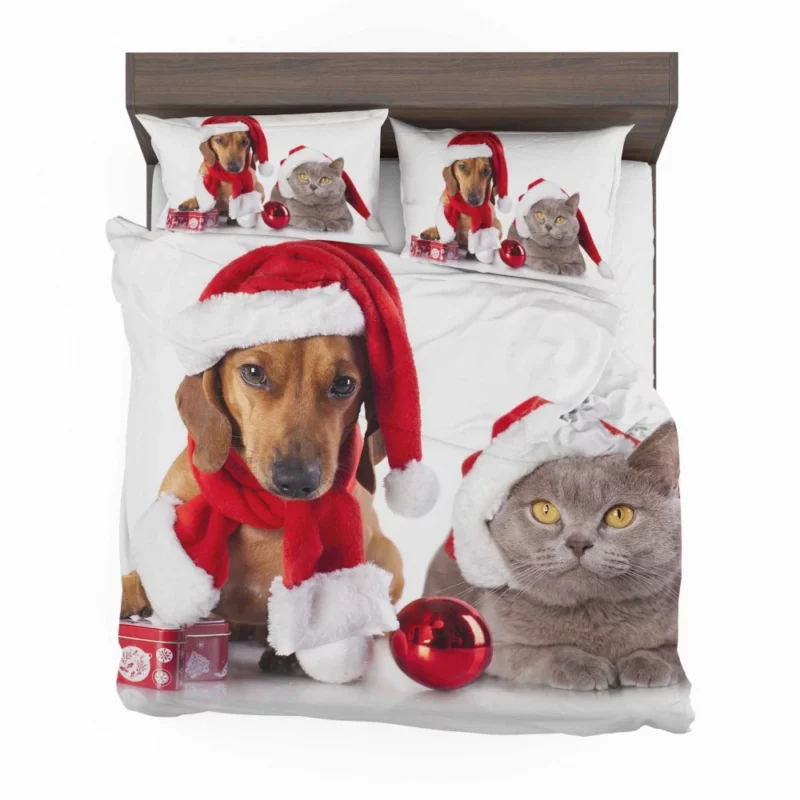 Dachshund & Cat in Christmas Spirits Bedding Set 1