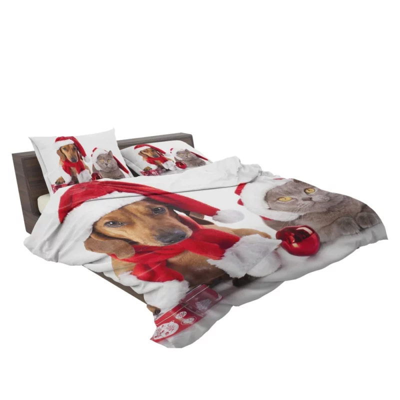 Dachshund & Cat in Christmas Spirits Bedding Set 2