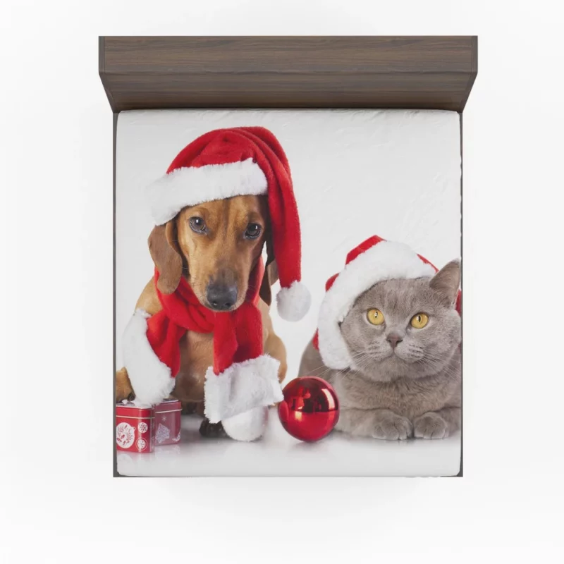 Dachshund & Cat in Christmas Spirits Fitted Sheet 1