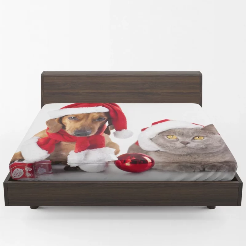 Dachshund & Cat in Christmas Spirits Fitted Sheet