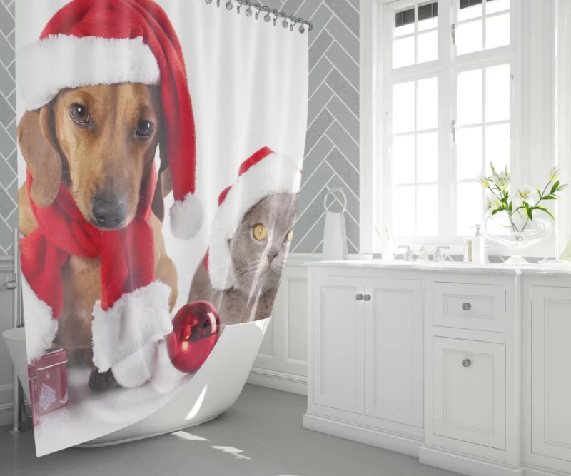 Dachshund & Cat in Christmas Spirits Shower Curtain 1