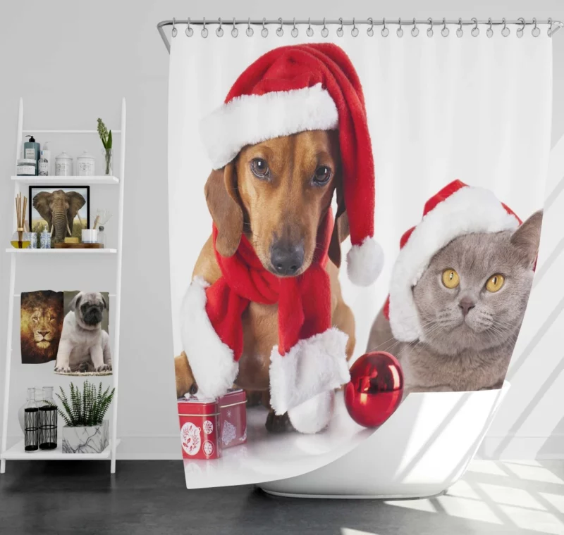 Dachshund & Cat in Christmas Spirits Shower Curtain