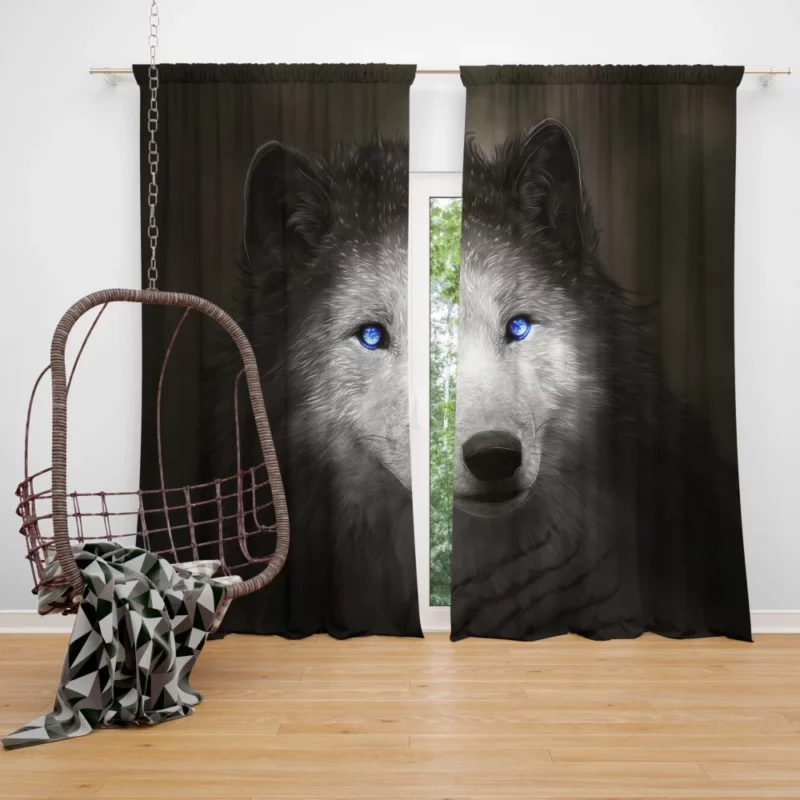 Digital Art Blue-Eyed Wolf Allure Curtain