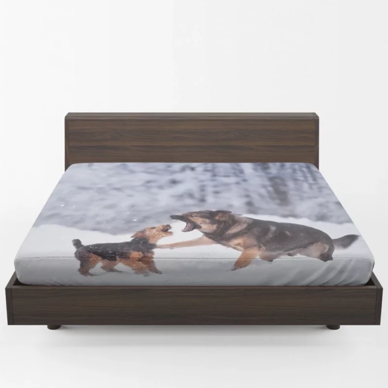 Dog Winter Play Joyful Interaction Fitted Sheet