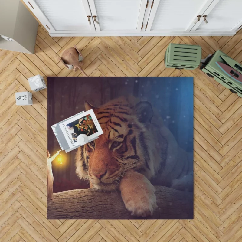 Enchanting Bengal Tiger with Fairy Woman and Lantern Rug