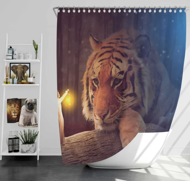 Enchanting Bengal Tiger with Fairy Woman and Lantern Shower Curtain