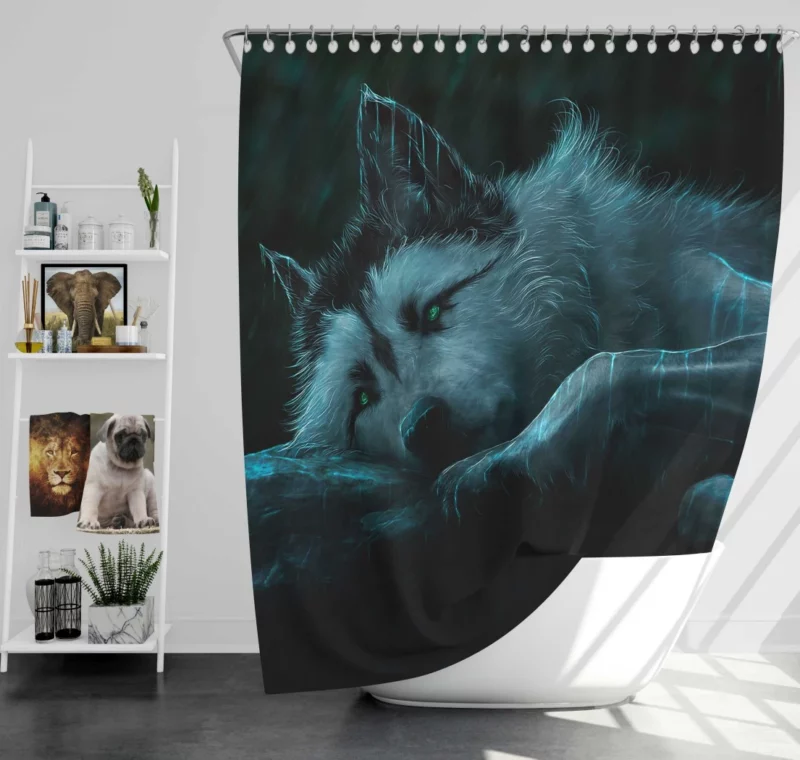 Ethereal Wolf in Rainy Landscape Shower Curtain